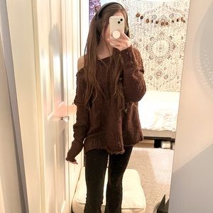 Free People Hand Knit Maroon Burgundy Oversized Sweater Size XS (Extra Small)